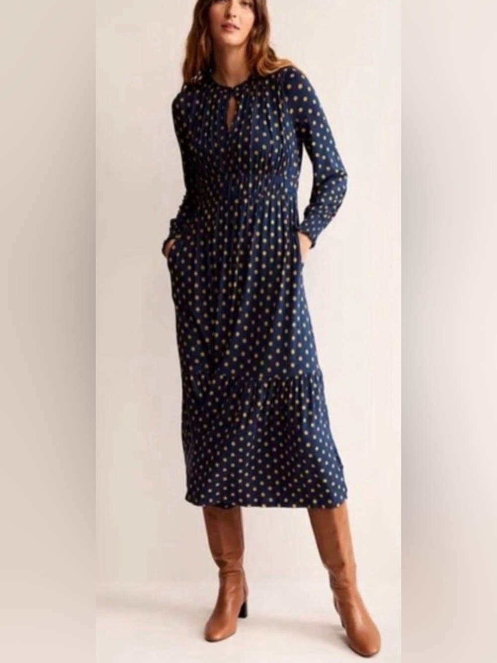 Boden Navy Polka Dot Long Sleeve Midi Boho Dress